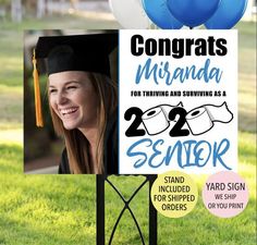 a graduation sign with balloons in the background that says congrats miyanda for thriving and surviving as a senior