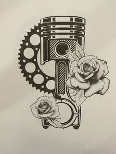 a drawing of a rose and gears with the letter c on it's side