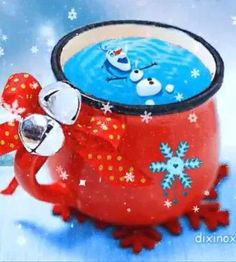 a painting of a red mug with snowflakes on it and two cartoon characters in the cup