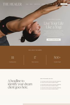 a woman doing yoga poses on the webpage for her health and fitness company, the health