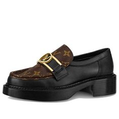 (WMNS) LOUIS VUITTON Academy Loafers 'Black with Brown Monogram and Gold Plate' 1A7TXN Louis Vuitton Loafers, Gold Plate, Loafers, Louis Vuitton, Monogram, Gold, Black