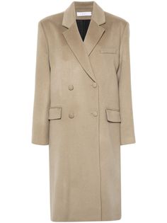 beige wool blend notched lapels double-breasted button fastening chest welt pocket two side flap pockets long sleeves straight hem Wedding Guest Looks, Yoko London, City Dress, Double Breasted Coat, Summer Beach Wear, Ballet Flat Shoes, Ski Wear, Lady Dior, Outerwear Women