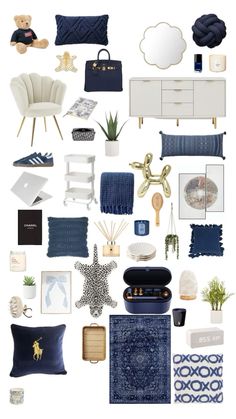 a collage of blue and white items