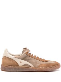 brown/camel brown/beige calf suede/calf leather panelled design round toe front lace-up fastening logo patch at the tongue contrasting heel counter flatform sole distressed effect branded leather insole leather lining This piece comes with a certificate of authenticity. Beige Suede Sneakers With Contrast Sole, Brown Calf Leather Sneakers With Contrast Sole, Brown Calf Leather Sneakers With Rubber Sole, Beige Suede Sneakers With Stitched Sole, Brown Sneakers With Stitched Sole For Streetwear, Brown Calf Leather Sneakers With Stitched Sole, Brown High-top Calf Leather Sneakers, Brown Suede Sneakers With Stitched Sole, Logo Shoes