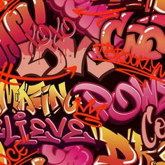 colorful graffiti written on the side of a wall in pink and orange colors with black letters