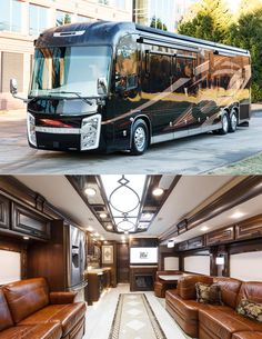 the interior and exterior of a luxury motorhome with leather couches in front