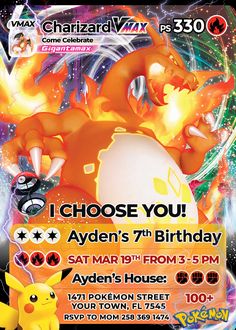 a pokemon birthday party poster with pikachu and charizah in the background