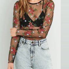 Sheer Black Top With Embroidered Flowers Never Worn, In Great Condition M1 Long Sleeve Embroidered Top With Geometric Design For Spring, Spring Long Sleeve Top With Geometric Embroidery, Black Embroidered Top For Spring, Fitted Long Sleeve Embroidered Top For Spring, Fitted Embroidered Long Sleeve Top For Spring, Casual Fitted Embroidered Top For Fall, Fitted Casual Embroidered Top For Fall, Black Long Sleeve Embroidered Top, Black Long Sleeve Embroidered Top For Summer