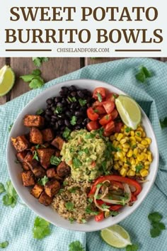 sweet potato burrito bowls with black beans, corn, avocado and cilantro