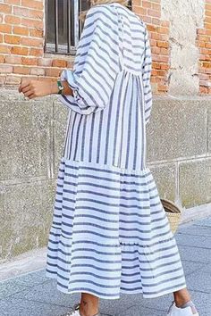 Striped Long Sleeve Maxi Dress For Vacation, Long Sleeve Striped Maxi Dress For Summer, Striped Long Sleeve Maxi Dress For Summer, Long Sleeve Striped Midi Beach Dress, Striped Long Sleeve Midi Dress For Beach, Weaving Dress, Doctor Dress, Boat Neck Long Sleeve, Loose Clothing