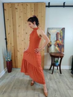 An adorable orange polka-dot dress has ton of vintage appeal for the big day. More color choices with white or vintage green. Come with zip back . Silhouette:A-line Material: Polyester Season: Summer Check the standard size chart at the public page. Orange Polka Dot Dress, Back Silhouette, Maxi Robes, Polka Dot Dress, Dot Dress, Dress Clothes For Women, Ruffle Dress, Color Choices, Season Summer