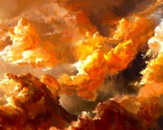 an abstract painting of clouds in the sky with oranges and browns on it's sides