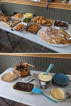 there are two pictures of food on the table and one has desserts in it