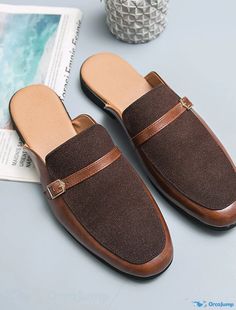 OrcaJump - Mens Casual PU Leather Clogs and Mules - Classic Daily Black Brown Spring Brown Flat Clogs With Leather Sole, Business Slip-on Mules With Round Toe, Slip-on Mules With Round Toe For Business, Business Mules With Leather Footbed, Casual Summer Slippers, Black Casual Shoes, Half Shoes, Mens Clogs, Business Casual Shoes