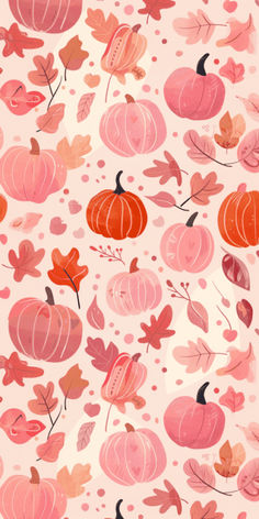 an orange and pink fall pattern with pumpkins, leaves, and acorns