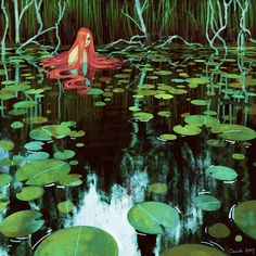 a painting of a mermaid sitting in the water surrounded by lily pads