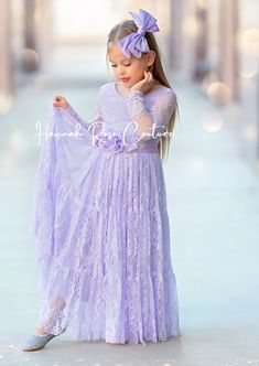 Lilac Lace Flower Girl Dress | Lavender Flower Girl Dresses Fitted Lace Dress With Lace Sleeves For Dress-up, Princess Style Lace Dress For Dress-up, First Communion Spring Dress With Lace Trim, Fitted Lace Dress For Dress-up In Spring, Spring Tulle Dress With Delicate Lace, Spring Garden Party Dress With Lace Back, Summer Princess Dress With Lace Trim, Summer Lace Princess Dress With Lace Trim, Princess Style Lace Gown With Ruffles