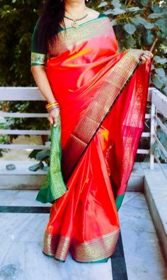 Orange Pink Green Satin Silk Saree Unstitched Green Blouse Zari Border Bollywood Banarasi Wedding Vintage Ethnic South Indian Ethnic Glam Minimal Classic Bohemian Sleek Pink Silk Saree With Green Blouse, Orange And Green Saree, Green With Pink Silk Saree, Red Saree Green Border, Green Saree Pink Border, Minimal Classic, Satin Saree, Green Saree, Orange Roses