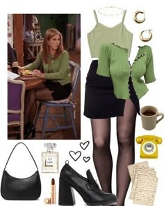 Winter 90s Outfits Rachel Green, Rachel Green Spring Outfit, Rachel Green Mini Skirt Outfit, Rachel Skirt Outfit, Rachel Style Friends, Rachel Green Green Outfit, 90s Green Outfit, Friends Show Outfits Rachel Green, 90s Friends Outfit