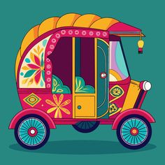 an illustration of a colorful vehicle with wheels and flowers on the side, painted in bright colors