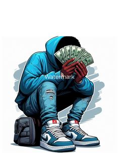 a man sitting on top of a suitcase with money in his hand and wearing a blue hoodie