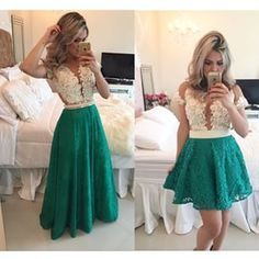 curto ou longo?                                                                                                                                                                                 Mais Prom Dresses Green, Party Dresses Long, Lace Prom Gown, Emerald Green Prom Dress, Beaded Party Dress, Blue Pearls, Green Prom, A Line Evening Dress, Prom Dresses 2017