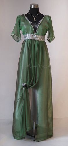 This gorgeous dress is made of emerald green shade delicate, silky chiffon, silver satin.  Beautifully finished with silver embroidery, silver beading, handmade flowers and laces. The dress can be fully customized, made in different colours, made of silk for the additional cost of silk etc. Made to order - leading time 4-6 weeks depending on my order book. Please see the sizing guide here https://www.etsy.com/uk/listing/471979838/size-chart If you need custom size, please contact me with your me 1912 Dress, Edwardian Evening Gown, Slytherin Style, Edwardian Gowns, 1910s Fashion, Dress History, Edwardian Dress, Wrong Time, Dress Handmade