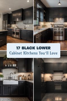 A collection of four kitchen designs featuring stylish black lower cabinets with unique elements. Highlights include modern kitchens with stainless steel accents, vintage kitchens with farmhouse sinks, and elegant marble countertops. Perfect for anyone looking to inspire their dream kitchen. Mosaic Tile Backsplash, Low Cabinet, Stunning Kitchens, Black Cabinets, Stone Countertops