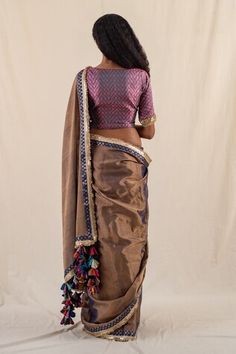 Baingani silk chanderi tissue saree with multicolour tassles on the palla. Comes with an unstitched blouse piece. - Aza Fashions Tissue Saree, Border Saree, Purple Silk, Blouse Piece, Aza Fashion, Saree, Silk, Purple