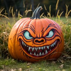 a pumpkin with an evil face painted on it's side sitting in the grass