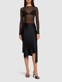 Asymmetrical hem. Non-detachable flower appliqués Flower Midi Skirt, Organza Midi Skirt, Versace Brand, Jersey Skirt, Stretch Skirt, Black Midi Skirt, Asymmetrical Skirt, Flat Espadrilles, Swim Accessories