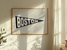 a framed boston pennant hangs on the wall next to a potted plant