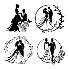 four wedding silhouettes in black and white, each with an image of a bride and groom