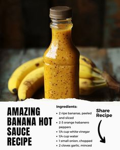 an advertisement for banana hot sauce on a table