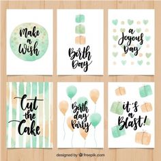 four watercolor cards with hand lettering and balloons