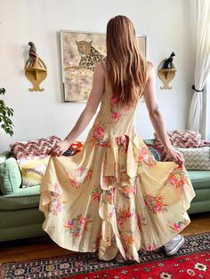 "This is a stunning dress--I've never seen another like it!  Item details: -Silk moiré fabric  -floral print  -pear shaped rhinestone straps  -drop waist  -bow and cascading ruffle at back Measurements:  bust: 36\"  waist: 30\" drop waist: 34\" hip: free Condition: Excellent vintage condition. Slight repair on one strap, covered by rhinestones." Summer Gown With Floral Print And Fitted Bodice, Summer Silk Gown With Ruffles, Summer Silk Gown With Fitted Bodice, Silk Floral Print Long Gown, Fitted Silk Gown For Summer, Spring Silk Gown For Garden Party, Vintage Silk Dress With Floral Print, Silk Maxi Dress With Fitted Bodice And Floral Print, Silk Maxi Dress With Floral Print And Fitted Bodice