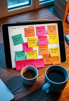 a tablet with sticky notes on it next to two cups of coffee