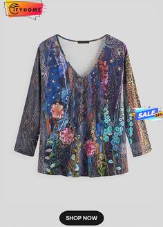 Vintage V Neck Fit Cotton-blend Sweatshirt Winter Floral Print V-neck Top, Winter Blue Floral Print Tops, Blue Floral Print Top For Winter, Blue Floral Print Tops For Winter, Blue Floral Print T-shirt For Fall, Multicolor Relaxed Fit Tops For Fall, Women Blouses, Women Shirts Blouse, Unique Designers