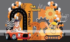 an orange car and some balloons in the shape of cars on a gray background with black and white stripes