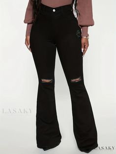 Lasaky - Womens High Waist Distressed Black Flared Jeans - Ripped Bottom, Bell Bottom Design - Premium Denim Pants for Fashion-conscious Individuals Edgy Ripped Flare Jeans For Fall, Fitted Distressed Pants For Fall, Trendy Distressed Bottoms For Fall, Trendy Distressed Pants For Fall, Stretch Pants With Frayed Hem For Fall, Fall Fitted Ripped Flare Jeans, Chic Ripped Stretch Flare Jeans, Chic Stretch Ripped Flare Jeans, Stretch Distressed Bottoms For Fall