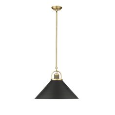 a black and gold pendant light hanging from a ceiling fixture with an open end on the bottom