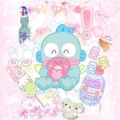 an image of a cartoon character surrounded by food and drink items on a pink background