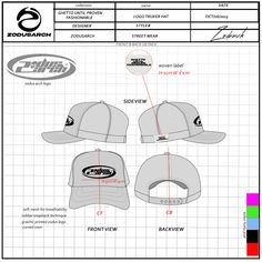 the back and side view of a baseball cap with measurements for each hat, including the front