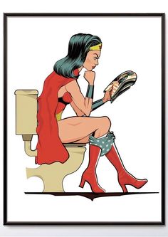 a woman sitting on a toilet reading a book and wearing red boots with her legs crossed