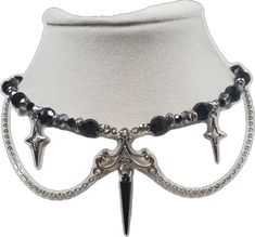 Adjustable Black Fantasy Choker, Silver Fantasy Choker Adjustable, Adjustable Silver Fantasy Choker, Adjustable Gothic Beaded Necklace As Gift, Adjustable Gothic Beaded Necklace For Gift, Y2k Style Silver Beaded Jewelry, Gothic Handmade Adjustable Beaded Necklaces, Handmade Adjustable Gothic Beaded Necklaces, Adjustable Y2k Jewelry For Party