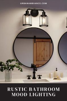 two round mirrors hanging on the wall above a bathroom sink with lights and plants in vases