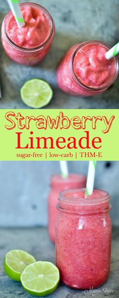 strawberry limeade smoothie in mason jars with strawberries and limes