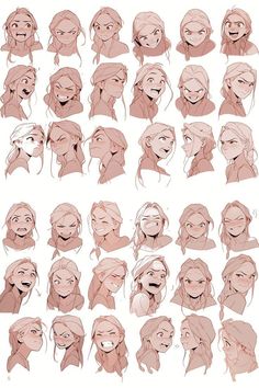 various poses and expressions for an animation character's face, head, and body