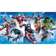 the avengers movie poster is shown in front of an image of many different superheros