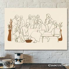 a drawing of people sitting at a table with coffee mugs in front of them